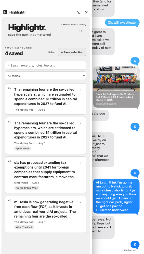 Highlightr sidebar showing saved excerpts
