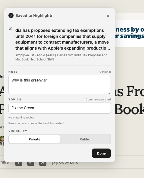 Highlightr save popover with note and topic fields